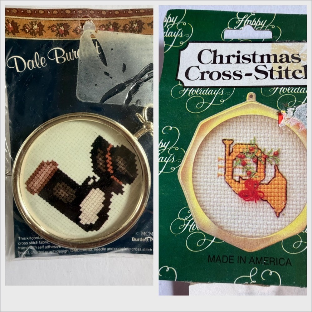 VTG Christmas Cross Stitch Ornament Kits Amish Boy French Horn Easy Sealed